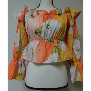 Chic Me Crop Floral  Ruffled Blouse Shirt Top Boho Hippie   Large